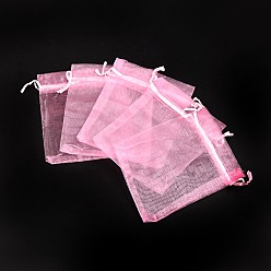 Pink Organza Gift Bags, with Drawstring, Rectangle, Pink, 12x10cm