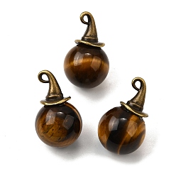 Тигровый глаз Круглые подвески из натурального тигрового глаза с ведьминой шляпой из сплава, античная бронза, 27~27.5x16~16.5 мм, отверстие : 1.5x2 мм