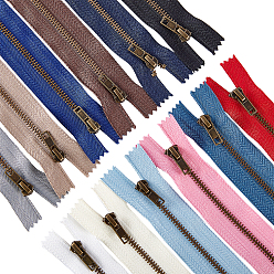 Mixed Color Nylon Garment Accessories, Zip-fastener Component Sets, Nylon and Brass Zipper & Alloy Zipper Puller, Antique Bronze, Mixed Color, 200~233x29x2mm,  12 colors, 1strand/color, 12strand/set