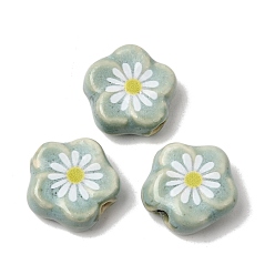 Aqua Glaze Daisy Flower Printed Porcelain Beads, Handmade Floral Ceramic Beads, Aqua, 15~16x15~16x5.5~6.5mm, Hole: 2mm
