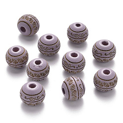 Ciruela Cuentas de madera natural pintada, patrón grabado con láser, redondo con patrón de licencia, ciruela, 10x9 mm, agujero: 2.5 mm