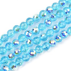Небесно-голубой Гальванизируйте прозрачные стеклянные бусины, круглые, граненый(96 граненый), AB покрытием, голубой, 4~4.5 мм, отверстие : 1 мм, около 95 шт / нитка, 14.76'' (37.5 см)