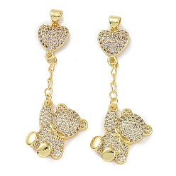 Настоящее золото 18K Стойка металлическая латунная микропрофилированная кубическая циркония подвески, долговечный, без свинца и без кадмия, розовое сердце и прозрачный медведь, реальный 18 k позолоченный, 48x21.5x5 мм, отверстие : 4.5x3 мм