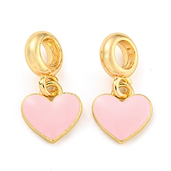 Pink Rack Plating Alloy Enamel Heart European Dangle Charms, Large Hole Pendants, Golden, Cadmium Free & Nickel Free & Lead Free, Pink, 22mm, Hole: 4.8mm, Heart: 11.5x11x2mm