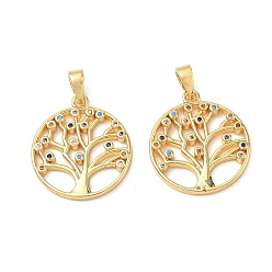 Colorful Brass Micro Pave Cubic Zirconia Pendants, Ring with Tree of Life Charms, Cadmium Free & Lead Free, Golden, Colorful, 20x18x2mm, Hole: 5x3mm