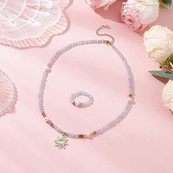 Светло-Голубой Комплекты украшений из белого нефрита, с подвесками из непрозрачного стекла, имитирующими кошачий глаз, включая ожерелья и кольца, Небесно-голубой, 422 мм