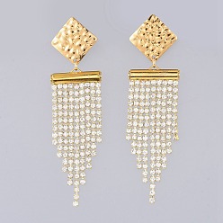 Golden Brass Rhinestone Strass Chains Dangle Earrings, with Brass Slide On End Clasp Tubes and 304 Stainless Steel Stud Earring Findings, Square, Golden, 73.5mm, Pin: 0.6mm