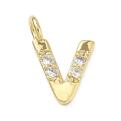 Letter V Латунные микропаве прозрачные подвески с фианитом, без кадмия и без свинца, долговечный, стойки покрытие, реальный 18 k позолоченный, Буква V, 18x12.5x2.5 мм, отверстие : 2.5 мм