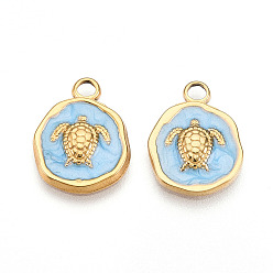 Светло-Голубой 304 подвески из нержавеющей стали, с эмалью, плоский круглый с подвесками в виде черепахи, ионное покрытие (ip), реальный 18 k позолоченный, Небесно-голубой, 16.5x13x2.5 мм, отверстие : 2.5 мм
