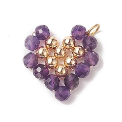 Améthyste Pendentifs enveloppés de fil de cuivre d'améthyste naturelle, charmes de coeur, avec perles en laiton doré, 22.5x22x4.5mm, Trou: 3.6mm