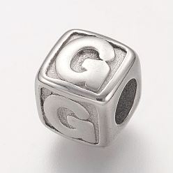 Letter G Устойчивые к потускнению 304 европейские бусины из нержавеющей стали, горизонтальное отверстие, бусины с большим отверстием, куб с letter.g, 8x8x8 мм, отверстие : 4 мм