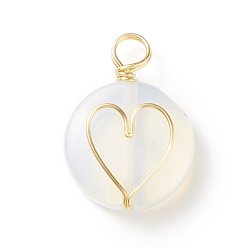 Опал Opalite подвески, с настоящей позолоченной экологически чистой медной проволокой, обернутой, плоский круглый с подвеской в виде сердца, 18 мм, отверстие : 22x16x5.5 мм