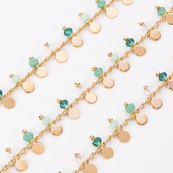 Разноцветный Латунные цепочки ручной работы, со стеклянными бусинами, пайки, катушка, плоские круглые прелести, реальный 18 k позолоченный, красочный, 2.8x1.5x0.3 мм, около 16.4 футов (5 м) / рулон