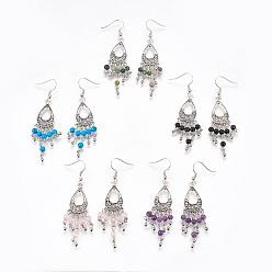 Mixed Stone Tibetan Style Alloy Natural & Synthetic Mixed Stone Chandelier Earrings, with Brass Earring Hooks, 70mm, Pin: 0.6mm