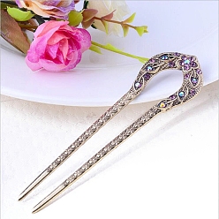 Light Amethyst Alloy Rhinestone Vintage Hair Forks, Hair Accessories for Woman Girls, U Shaped, Light Amethyst, 129x36mm