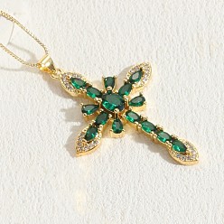 Зеленый Крест латунные микропаве кубические цирконии подвески ожерелья, золотые, зелёные, 17.72 дюйм (45 см)