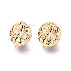 Real 18K Gold Plated Flat Round Brass Micro Pave Clear Cubic Zirconia Stud Earrings Findings, with Vertical Loops, Nickel Free, Real 18K Gold Plated, 19x17mm, Hole: 1mm, Pin: 0.7mm