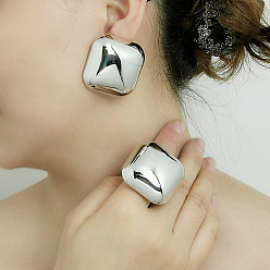 Серебро Комплекты из квадратных серег-гвоздиков и колец из сплава для женщин, серебряные, 37.5x37.5 мм
