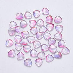 Violet Transparent Spray Painted Glass Charms, with Glitter Powder, Petaline, Violet, 7x8x2.5mm, Hole: 1mm