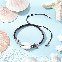 Кокосово-Коричневый Плетеные браслеты из бисера из натуральной раковины каури для женщин, черепаха и морская звезда, с нейлоновой нитью и бусинами из сплава в тибетском стиле, кокосового коричневый, внутренний диаметр: 2 дюйм(5см)~ 3-3/8 дюйм(8.7см)