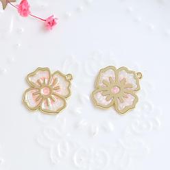 Pink Alloy Enamel Pendants, Golden, Flower Charm, Pink, 24x22mm