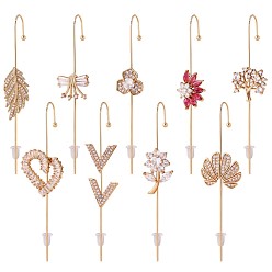 Golden 9Pcs 9 Style Flower & Tree & Leaf & Initial Letter V & Bowknot Cubic Zirconia Stud Earrings, Alloy Ear Wrap Crawler Hook Earrings, Earcuffs for Women, Golden, 70mm, 1Pc/style