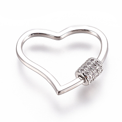 Платина Латунные микропаве, кубический цирконий, винт, карабин, подвески с замком, для изготовления ожерелий, сердце, прозрачные, платина, 22x26x2~5.5 мм
