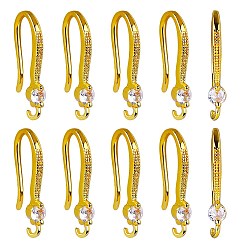 Настоящее золото 18K 10 пара латунных крючков для сережек с микропаве и прозрачным фианитом, провод уха, с петлями, круг, реальный 18 k позолоченный, 18.5 мм, отверстие : 1.2 мм, штифты : 0.9 мм