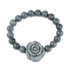 Cadet Blue Natural Jadeite Round & Flower Beaded Stretch Bracelets, Cadet Blue, Inner Diameter: 2.09 inch(5.3cm)