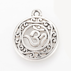 Antique Silver Tibetan Style Alloy Pendants, Flat Round with Om Symbol, Cadmium Free & Lead Free, Antique Silver, 22x19x3mm, Hole: 2mm, about 445pcs/1000g