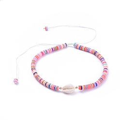 Pink Handmade Polymer Clay Heishi Beads Braided Necklaces, with Natural Cowrie Shell Beads, Brass Beads and Nylon Thread, Pink, 13.38 inch~25.98 inch(34~66cm), 7mm