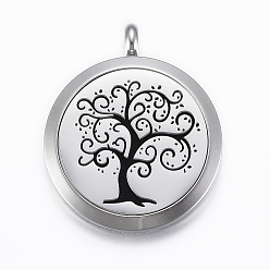 Black 316 Surgical Stainless Steel Diffuser Locket Pendants, with Perfume Pad and Magnetic Clasps, Flat Round with Tree of Life, Stainless Steel Color, Black, 37x30x6.5mm, Hole: 5mm, inner diameter: 23mm