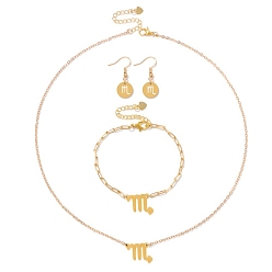 Скорпион Комплекты женских браслетов из сплава созвездий, серег и ожерелий с подвесками, золотые, Скорпион, 33x12 мм, 170 мм, 450 мм