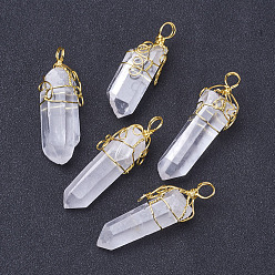 Golden Natural Quartz Crystal Big Pointed Pendants, with Brass Findings, Bullet, Golden, 49~57x10~13mm, Hole: 5x6mm