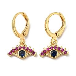 Dark Violet Golden Brass Dangle Leverback Earrings, with Glass, Evil Eye, Dark Violet, 21.5x13mm