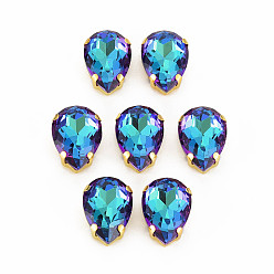 Сине-фиолетовый Шить на горный хрусталь, многожильных ссылки, стекло горный хрусталь, с позолотой 201 зубцы из нержавеющей стали, аксессуары для одежды, граненые, слеза, синий фиолетовый, 14x10x6 мм, отверстие : 1 мм