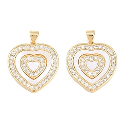 Real 18K Gold Plated Valentine's Day Brass Micro Pave Clear Cubic Zirconia Pendants, with Natural Freshwater Shell, Heart Charms, Real 18K Gold Plated, 24x23x2.5mm, Hole: 5x3mm