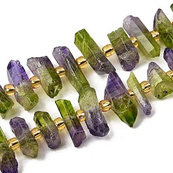 Цвет Оливы Гальванические природный кристалл кварца бусы пряди, граненые, окрашенные, палочка для наггетсов, с бисером, оливковый, 11~25x3~9x4~10 мм, отверстие : 1~1.2 мм, около 19~26 шт / нитка, 7.09~7.48'' (18~19 см)