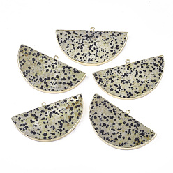 Dalmatian Jasper Electroplate Natural Dalmatian Jasper Semi Circle Pendants, with Iron Findings, Half Round, Golden, 34~35x60.5x4~5.5mm, Hole: 1.8mm