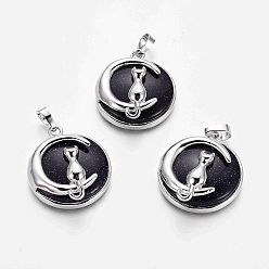 Синий Драгоценный Камень Кулоны для котят из синего голдстоуна, с латунной фурнитурой платинового цвета, плоский круглый с формой кота и полумесяца, 32x28x9 мм, отверстие : 5x7 мм