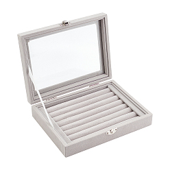 Dark Gray Velvet Jewelry Stroage Box, with Glass Visual Window,  Rectangle, Dark Gray, 16.1x20.3x4.7cm