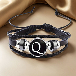 Letter Q Регулируемые многослойные браслеты из искусственной кожи, браслеты из латунных стеклянных бусин, плоские круглые с буквы, платина, Буква Q, 7-1/8~9-1/8 дюйм (18~23 см)