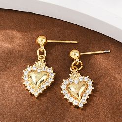 Настоящее золото 18K Серьги-гвоздики в форме сердца из латуни с микропаве из прозрачных кубических цирконий, стойки покрытие, долговечный, без свинца и без кадмия, реальный 18 k позолоченный, 23.5x11.5 мм