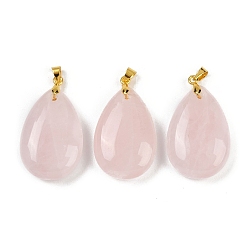 Розовый Кварц Природного розового кварца подвески, подвески-капли с латунной фурнитурой, золотые, 34x20x8 мм, отверстие : 4x5 мм