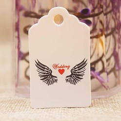 Белый Бумажные подарочные бирки, хэндж теги, для декоративно-прикладного искусства, для свадьбы, прямоугольник с крылом и словом свадьбы, белые, 50x30x0.4 мм, отверстие : 5 мм