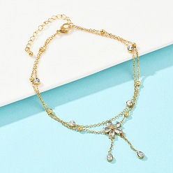 Настоящее золото 18K 304 браслеты на ногу с подвесками в виде цветка из нержавеющей стали с прозрачными кубическими цирконами и хрустальными стразами для женщин, ионное покрытие (ip), реальный 18 k позолоченный, 8-1/2 дюйм (215 мм)