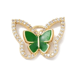 Green Rack Plating Brass Micro Pave Clear Cubic Zirconia Pendants, with Enamel, Long-Lasting Plated, Lead Free & Cadmium Free, Real 18K Gold Plated, Butterfky, Green, 15x19.5x3mm, Hole: 1.4mm