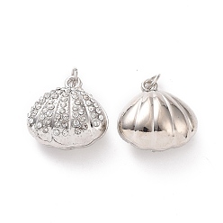Platinum Alloy Pendant with Crystal Rhinestone, Shell Charms, with Jump Rings, Platinum, 30x29.5x18mm, Hole: 7.8mm