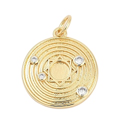 Настоящее золото 18K Латунные микропаве прозрачные подвески с фианитом, плоский круг с подвесками солнечной системы, без кадмия и без свинца, долговечный, стойки покрытие, с целью перехода в кольце, реальный 18 k позолоченный, 18.5x16.5x3 мм, отверстие : 3 мм