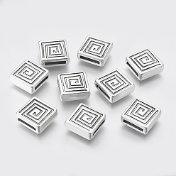 Argent Antique Breloques coulissants de style tibétain, sans cadmium et sans nickel et sans plomb, carrée, argent antique, 14x14x5mm, Trou: 2mm